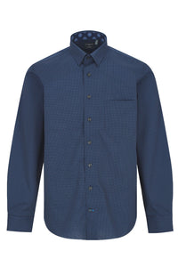 Navy and Blue Printed Circle Cotton Sport Shirt with Hidden Button Down Collar by Leo Chevalier