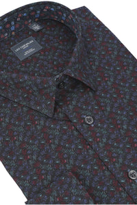 Navy, Green, and Wine Abstract Print No-Iron Cotton Sport Shirt with Hidden Button Down Collar by Leo Chevalier