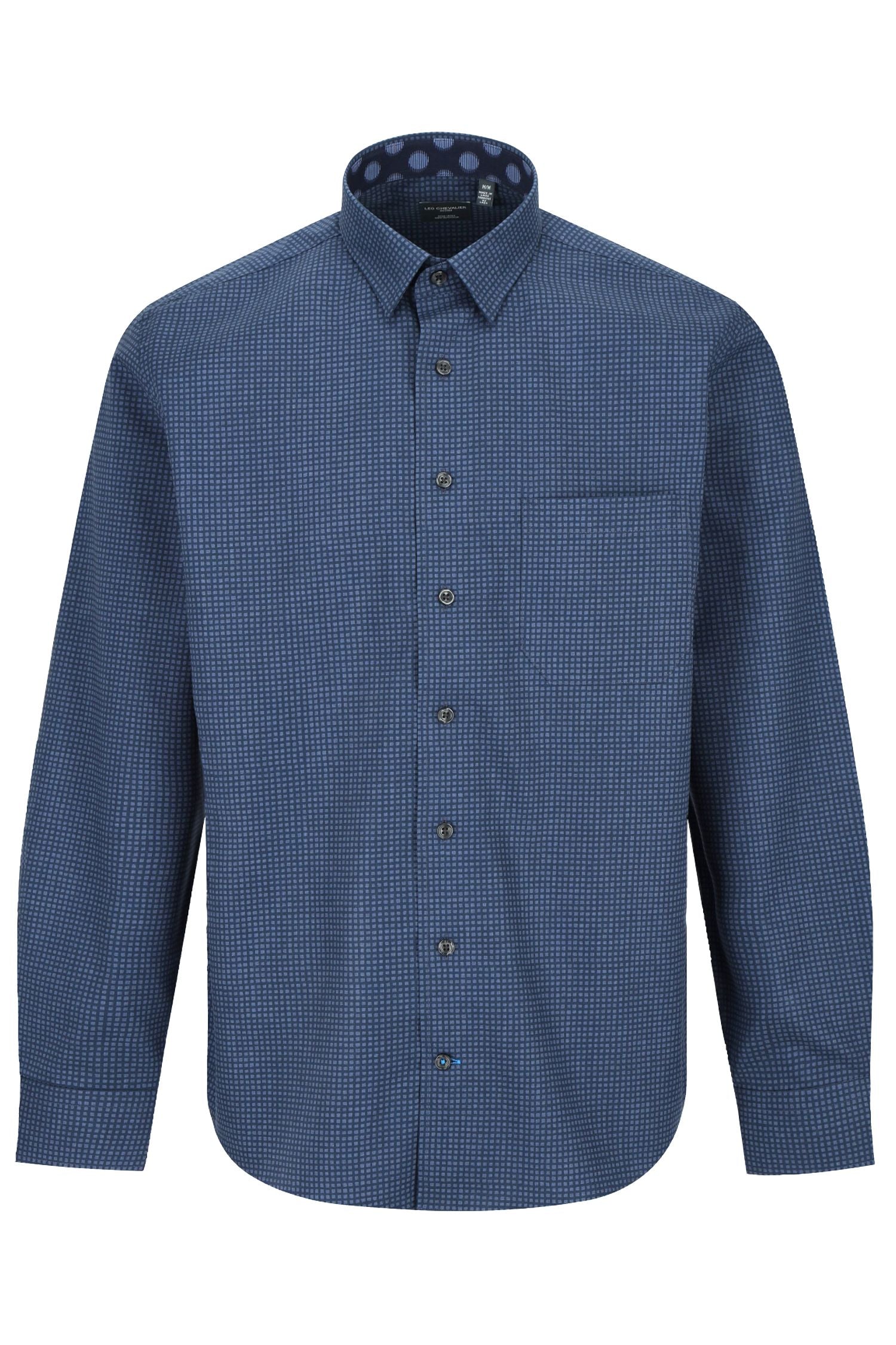 Navy and Blue Printed Geometric Check Cotton Sport Shirt with Hidden Button Down Collar by Leo Chevalier