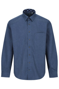 Navy and Blue Printed Geometric Check Cotton Sport Shirt with Hidden Button Down Collar by Leo Chevalier