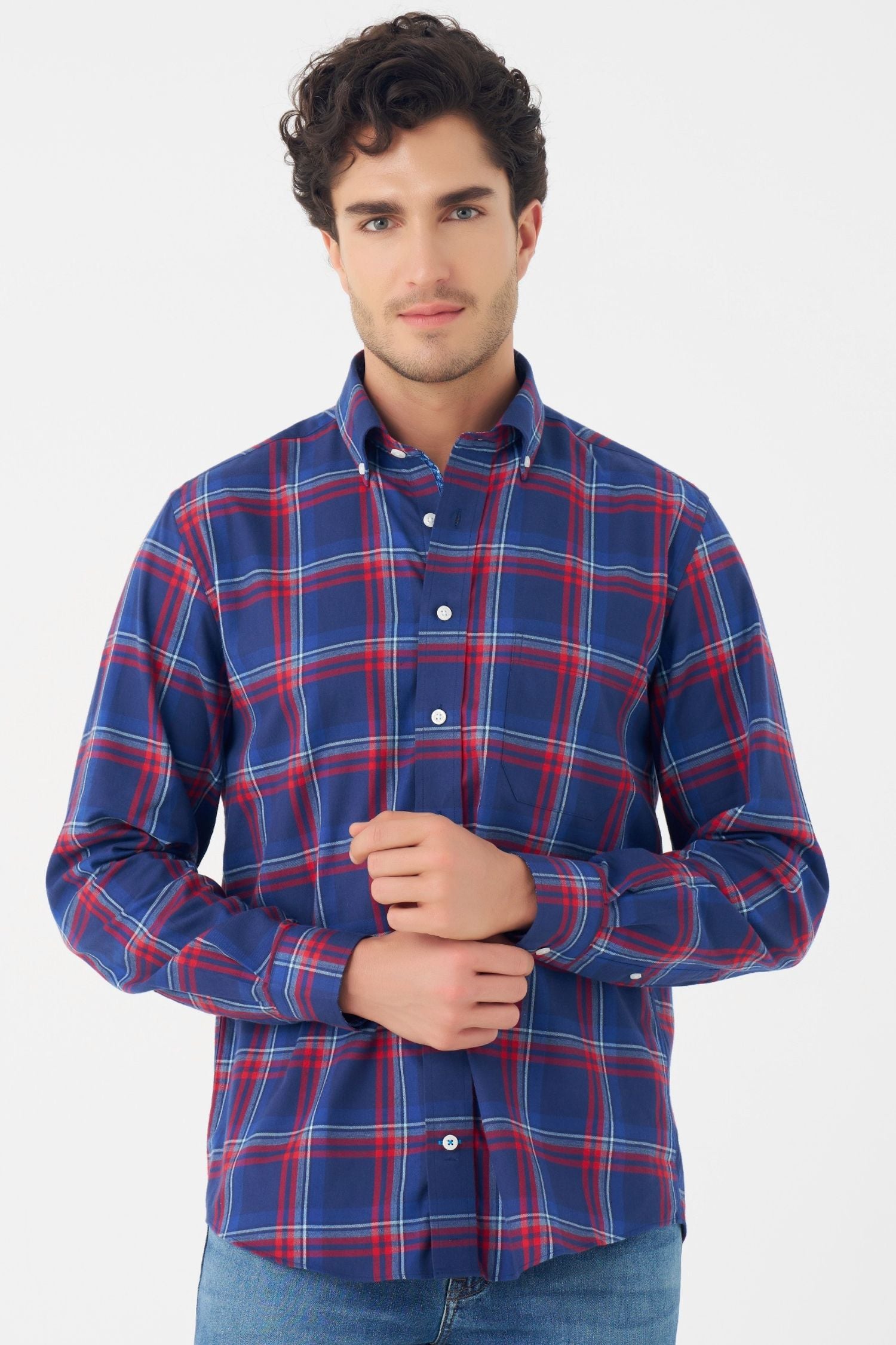 Navy and Red Plaid Cotton Sport Shirt with Button Down Collar by Leo Chevalier