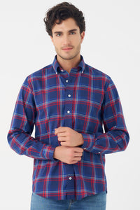 Navy and Red Plaid Cotton Sport Shirt with Button Down Collar by Leo Chevalier