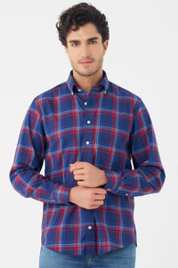 Navy and Red Plaid Cotton Sport Shirt with Button Down Collar by Leo Chevalier