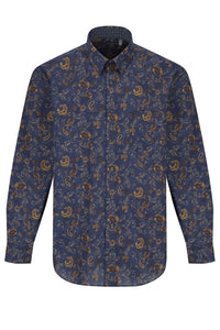 Navy and Gold Floral Paisley Print No-Iron Cotton Sport Shirt with Hidden Button Down Collar by Leo Chevalier
