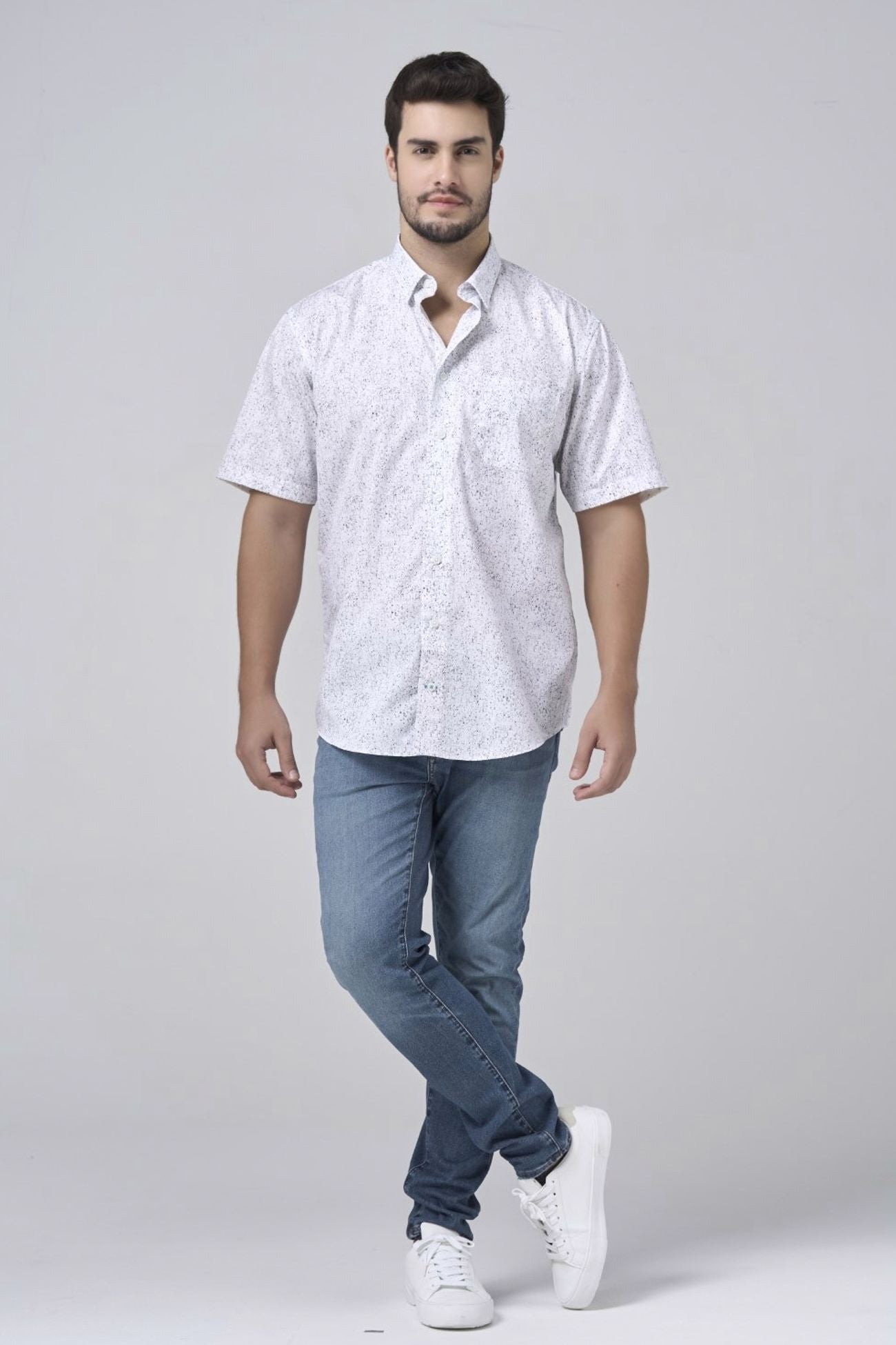 Grey and White Abstract Print Short Sleeve No-Iron Cotton Sport Shirt with Hidden Button Down Collar by Leo Chevalier