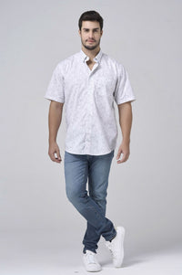 Grey and White Abstract Print Short Sleeve No-Iron Cotton Sport Shirt with Hidden Button Down Collar by Leo Chevalier