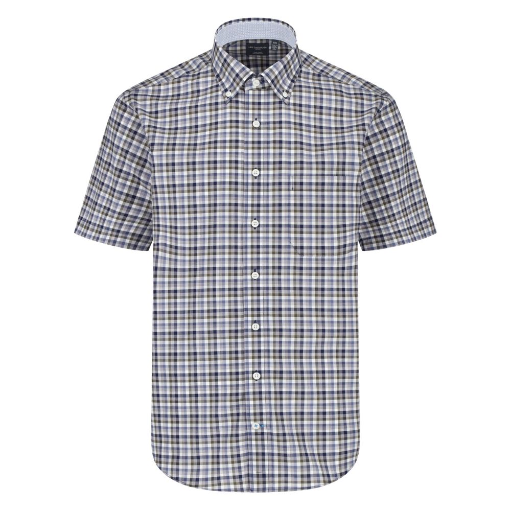 Moss, Navy, and Grey Plaid Short Sleeve No-Iron Cotton Sport Shirt with Button Down Collar by Leo Chevalier