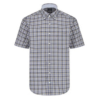Moss, Navy, and Grey Plaid Short Sleeve No-Iron Cotton Sport Shirt with Button Down Collar (Size Large) by Leo Chevalier