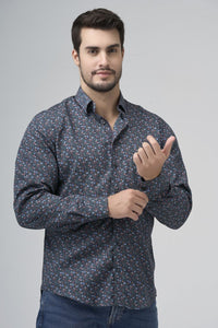 Navy, Sky, and Pink Mini Floral Print No-Iron Cotton Sport Shirt with Hidden Button Down Collar by Leo Chevalier