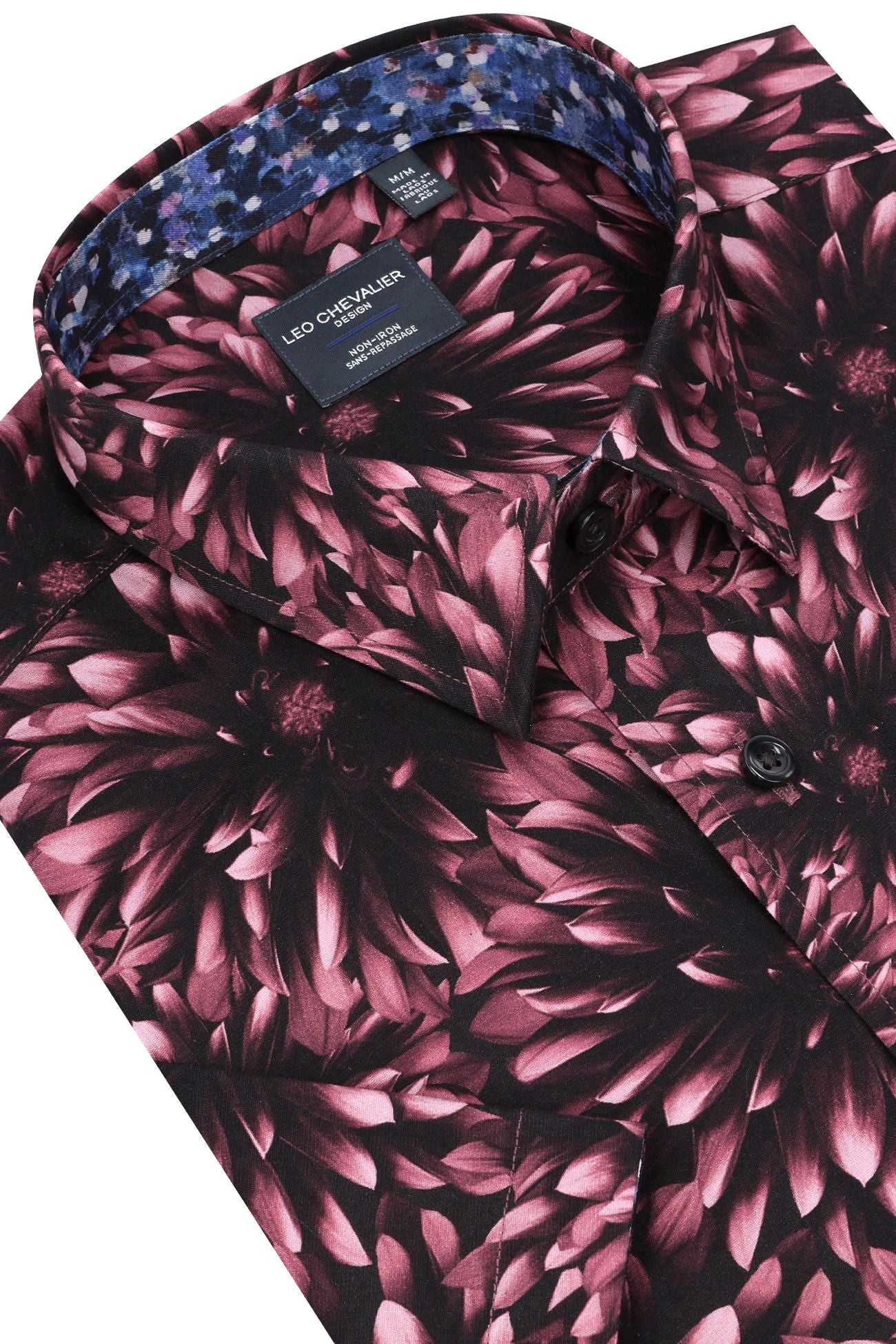 Large Floral Print Short Sleeve No-Iron Cotton Sport Shirt with Hidden Button Down Collar by Leo Chevalier