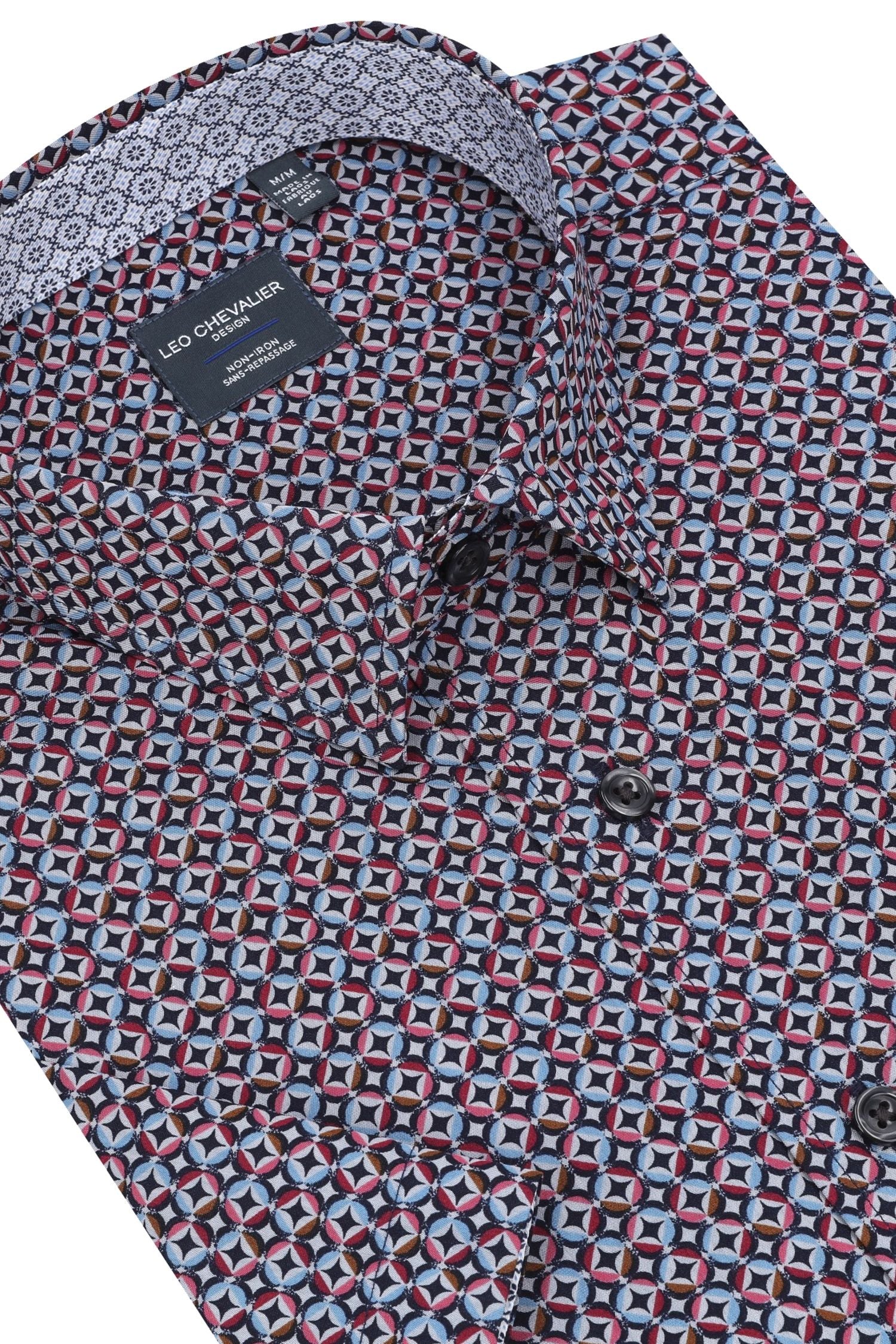Black, Red, Rose, and Sky Print Short Sleeve No-Iron Cotton Sport Shirt with Hidden Button Down Collar by Leo Chevalier