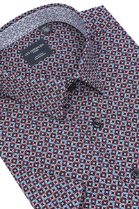 Black, Red, Rose, and Sky Print Short Sleeve No-Iron Cotton Sport Shirt with Hidden Button Down Collar by Leo Chevalier