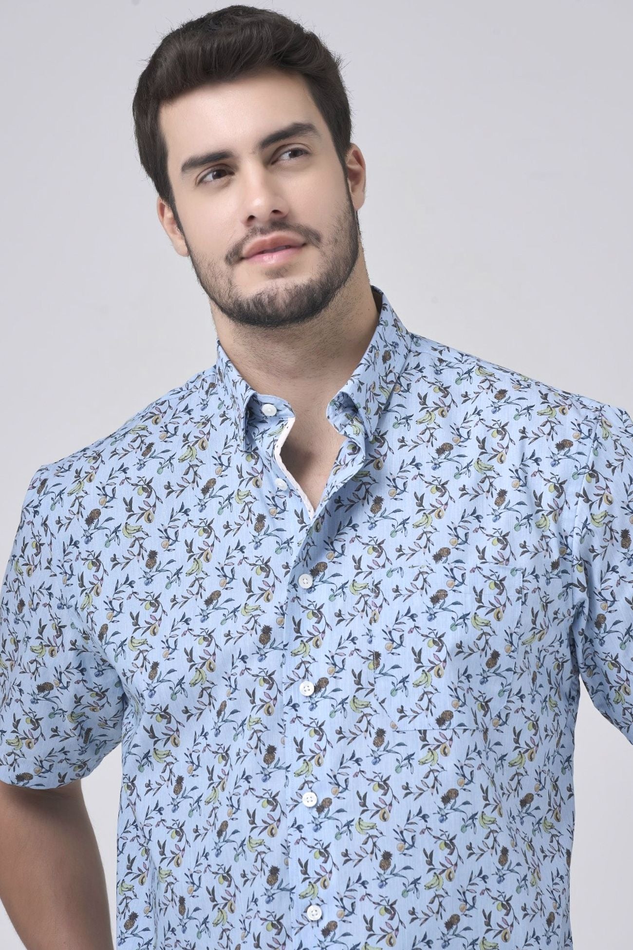 Light Blue Tropical Print Sleeve No-Iron Cotton Sport Shirt with Hidden Button Down Collar by Leo Chevalier