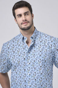 Light Blue Tropical Print Sleeve No-Iron Cotton Sport Shirt with Hidden Button Down Collar by Leo Chevalier