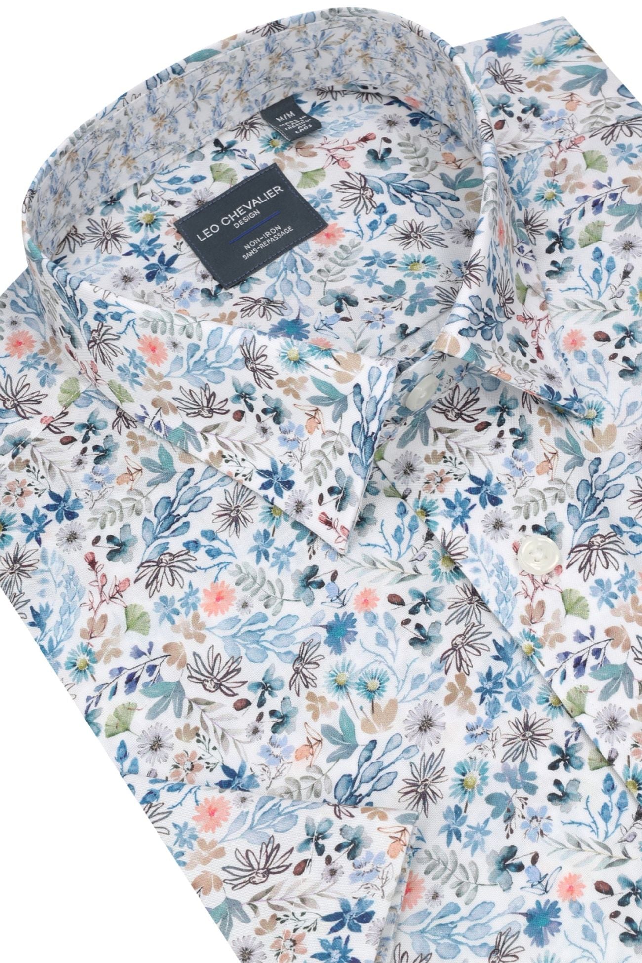 Pastel Mini Floral Print Short Sleeve No-Iron Cotton Sport Shirt with Hidden Button Down Collar by Leo Chevalier