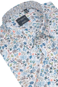 Pastel Mini Floral Print Short Sleeve No-Iron Cotton Sport Shirt with Hidden Button Down Collar by Leo Chevalier
