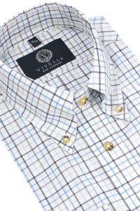 Summer Weight Blue Tattersall Cotton and Wool Blend Button-Down Shirt by Viyella