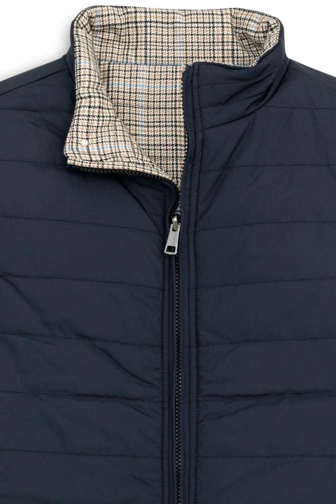 Reversible Wool Blend Houndstooth Quilted Vest in Khaki Plaid/Navy by Scott Barber