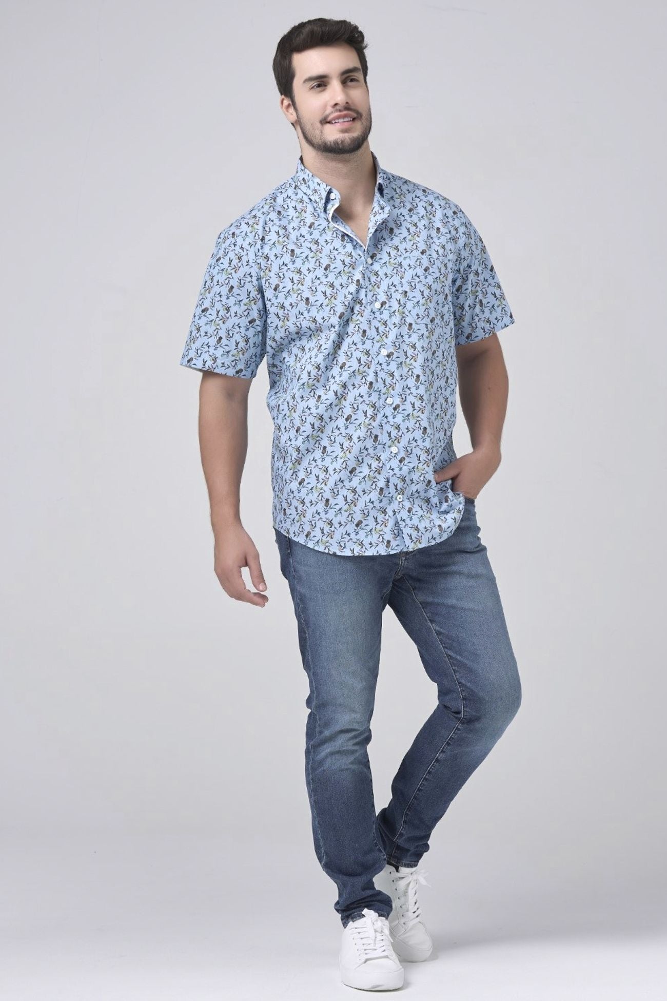 Light Blue Tropical Print Sleeve No-Iron Cotton Sport Shirt with Hidden Button Down Collar by Leo Chevalier