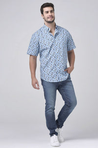 Light Blue Tropical Print Sleeve No-Iron Cotton Sport Shirt with Hidden Button Down Collar by Leo Chevalier