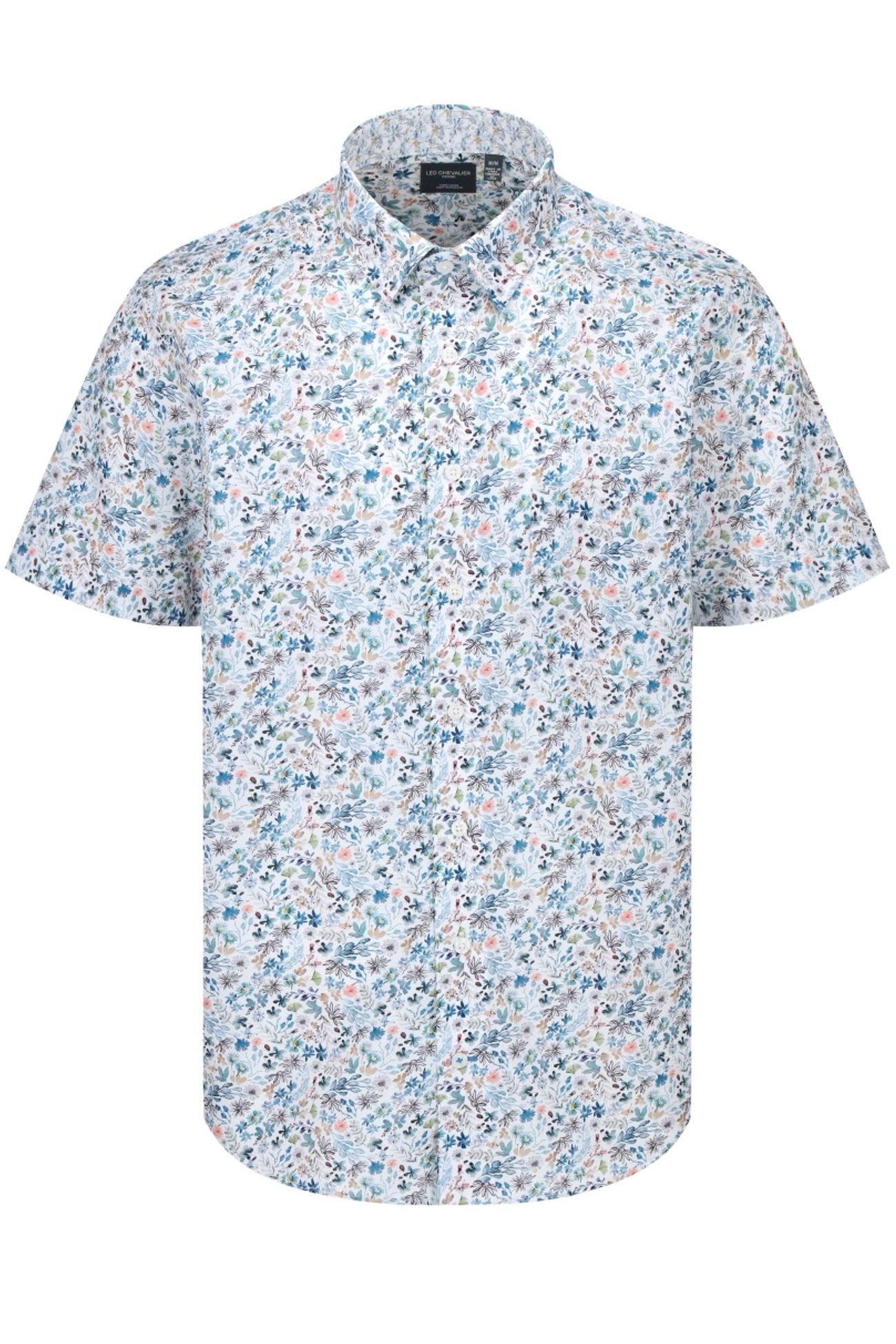 Pastel Mini Floral Print Short Sleeve No-Iron Cotton Sport Shirt with Hidden Button Down Collar by Leo Chevalier
