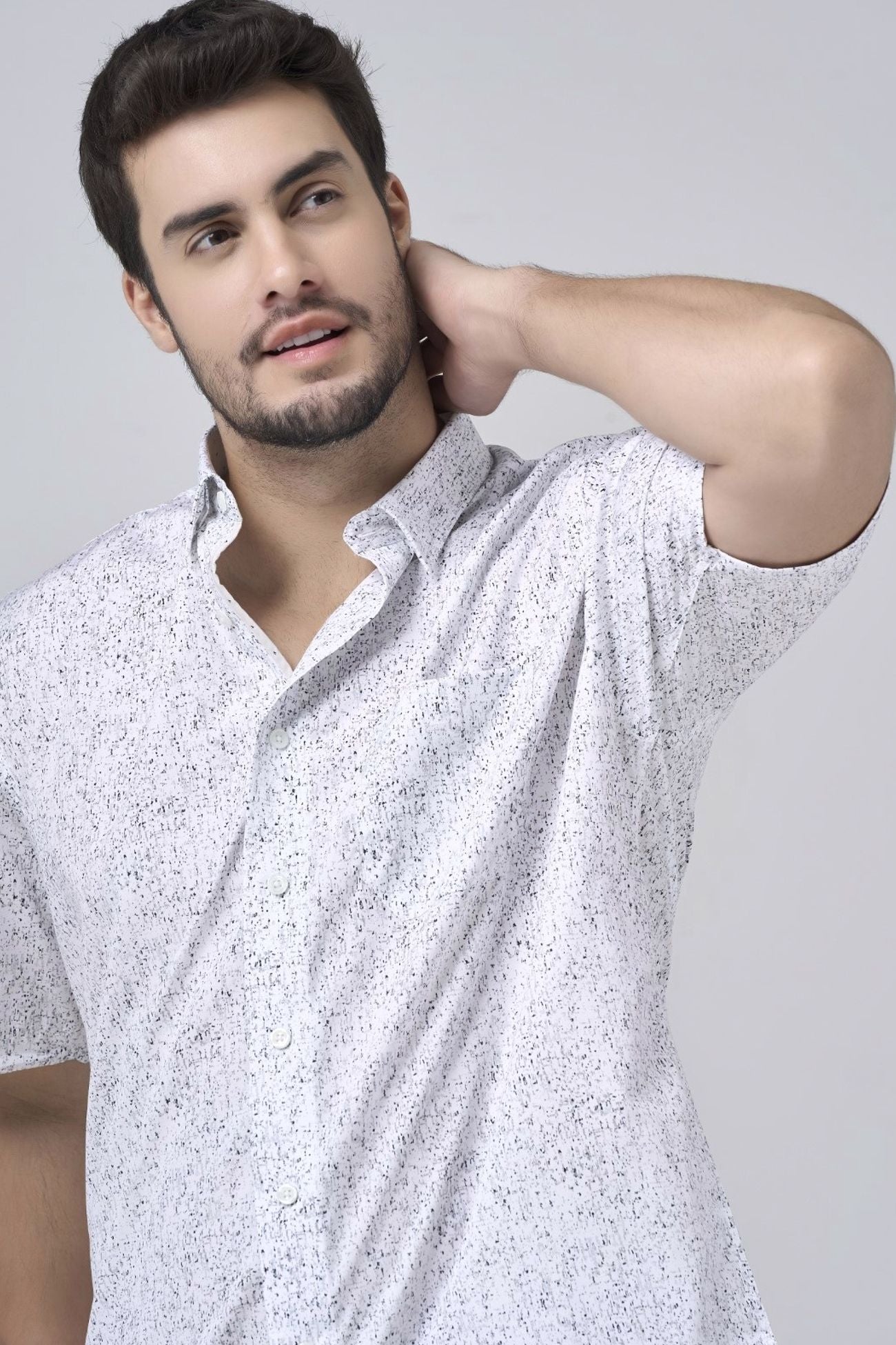 Grey and White Abstract Print Short Sleeve No-Iron Cotton Sport Shirt with Hidden Button Down Collar by Leo Chevalier