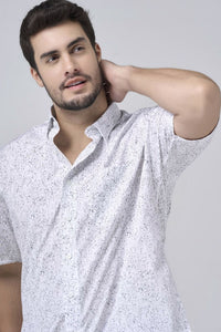 Grey and White Abstract Print Short Sleeve No-Iron Cotton Sport Shirt with Hidden Button Down Collar by Leo Chevalier