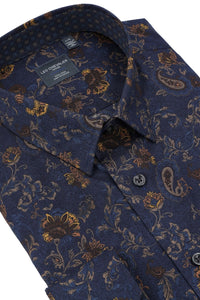 Navy and Gold Floral Paisley Print No-Iron Cotton Sport Shirt with Hidden Button Down Collar by Leo Chevalier