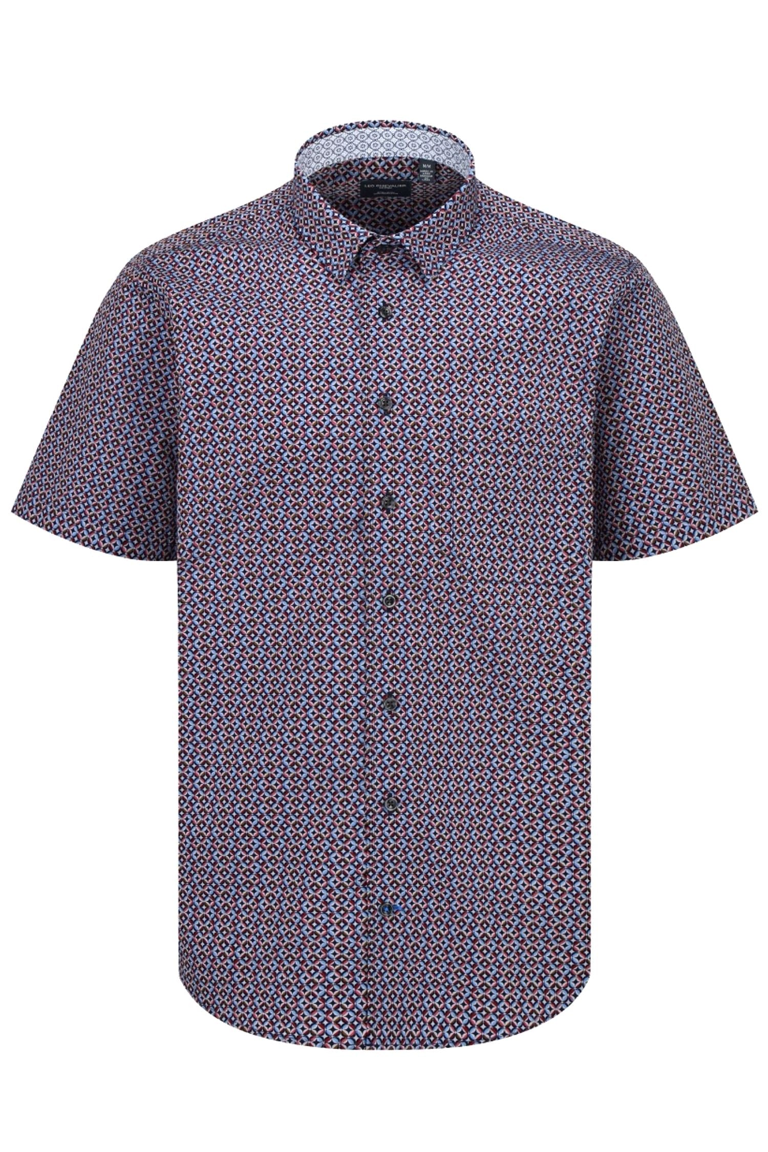 Black, Red, Rose, and Sky Print Short Sleeve No-Iron Cotton Sport Shirt with Hidden Button Down Collar by Leo Chevalier
