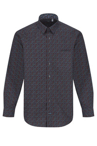 Navy, Green, and Wine Abstract Print No-Iron Cotton Sport Shirt with Hidden Button Down Collar by Leo Chevalier