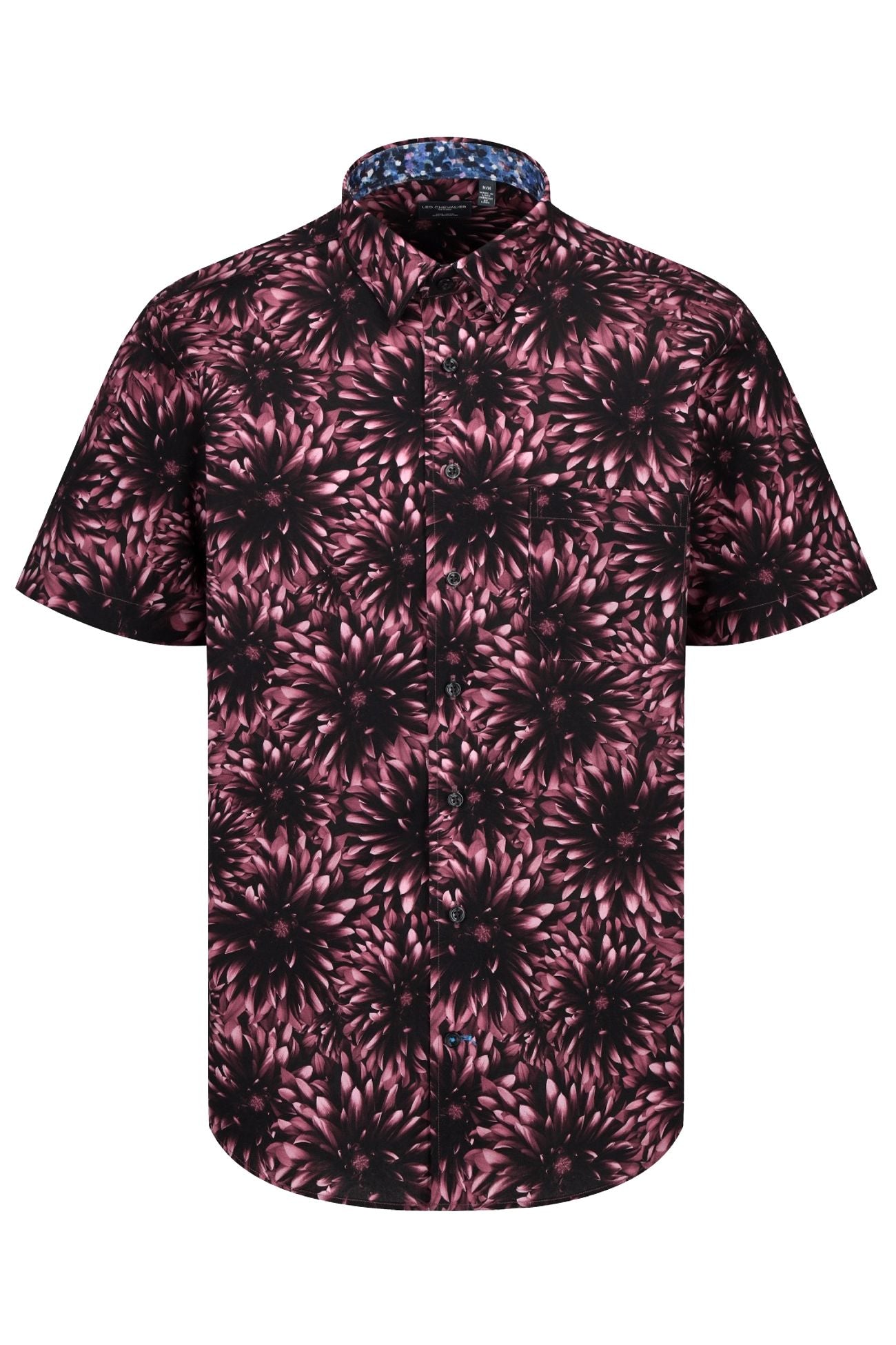 Large Floral Print Short Sleeve No-Iron Cotton Sport Shirt with Hidden Button Down Collar by Leo Chevalier