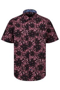 Large Floral Print Short Sleeve No-Iron Cotton Sport Shirt with Hidden Button Down Collar by Leo Chevalier