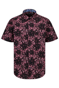 Large Floral Print Short Sleeve No-Iron Cotton Sport Shirt with Hidden Button Down Collar by Leo Chevalier