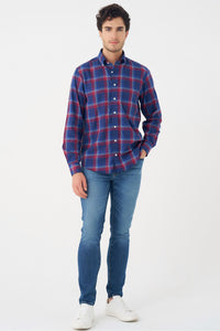 Navy and Red Plaid Cotton Sport Shirt with Button Down Collar by Leo Chevalier