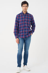 Navy and Red Plaid Cotton Sport Shirt with Button Down Collar by Leo Chevalier