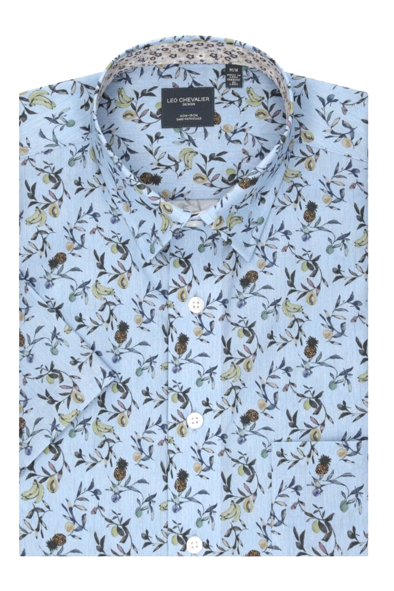 Light Blue Tropical Print Sleeve No-Iron Cotton Sport Shirt with Hidden Button Down Collar by Leo Chevalier