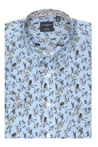 Light Blue Tropical Print Sleeve No-Iron Cotton Sport Shirt with Hidden Button Down Collar by Leo Chevalier