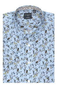 Light Blue Tropical Print Sleeve No-Iron Cotton Sport Shirt with Hidden Button Down Collar by Leo Chevalier
