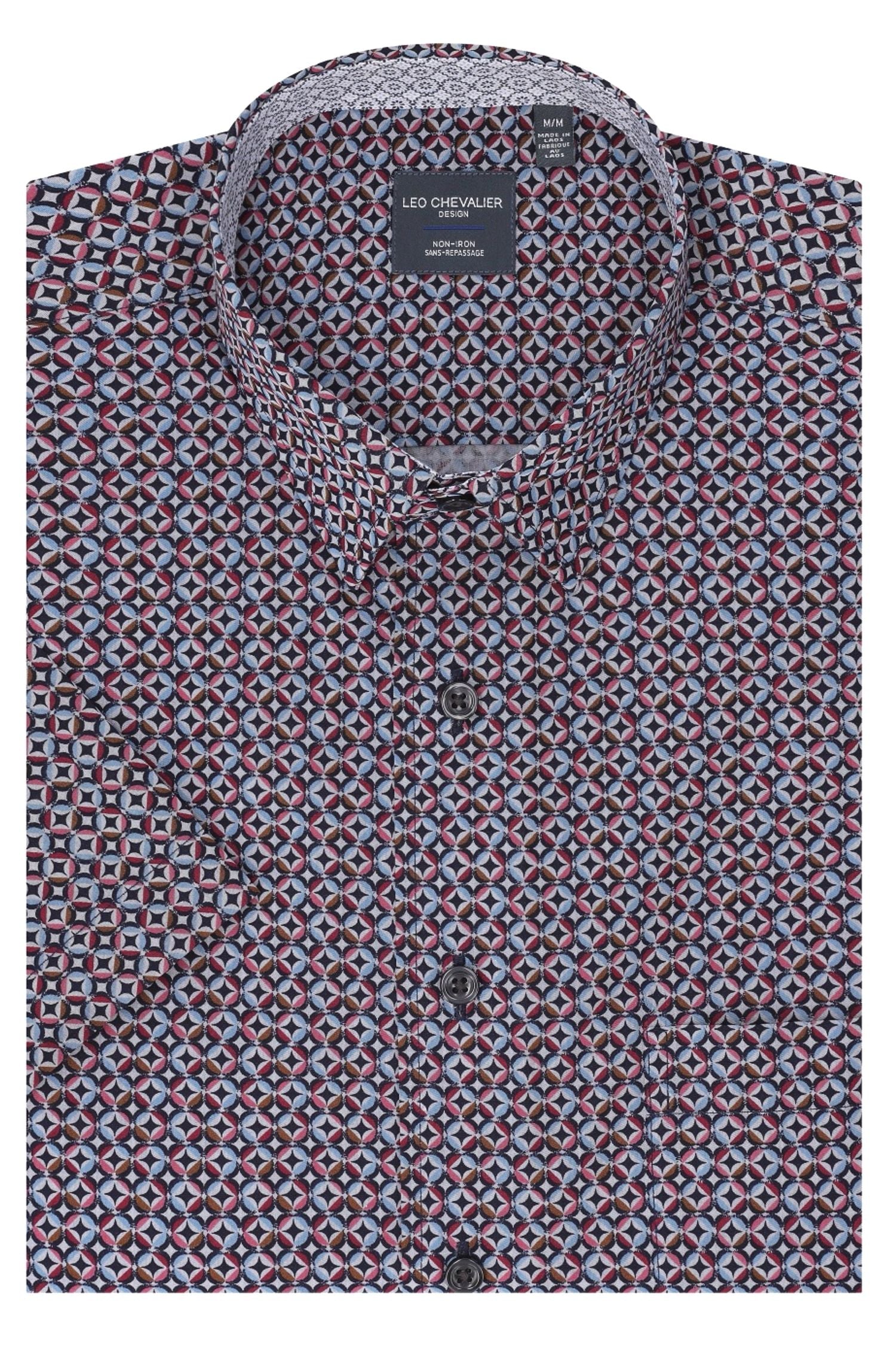 Black, Red, Rose, and Sky Print Short Sleeve No-Iron Cotton Sport Shirt with Hidden Button Down Collar by Leo Chevalier