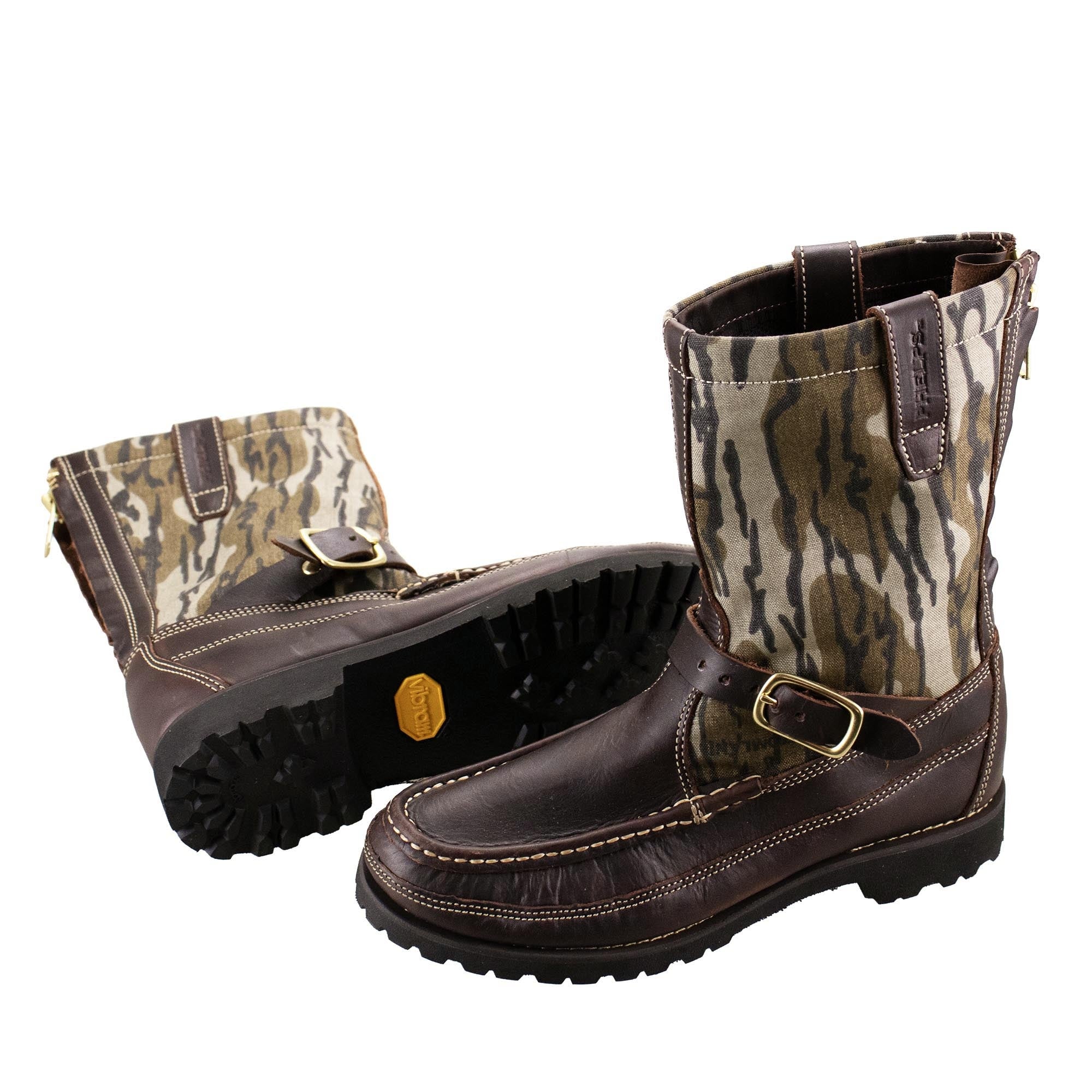 Winfield Oil Tan Leather Hunting Boot in Briar Leather and Bottomlands Camo Canvas by T.B. Phelps
