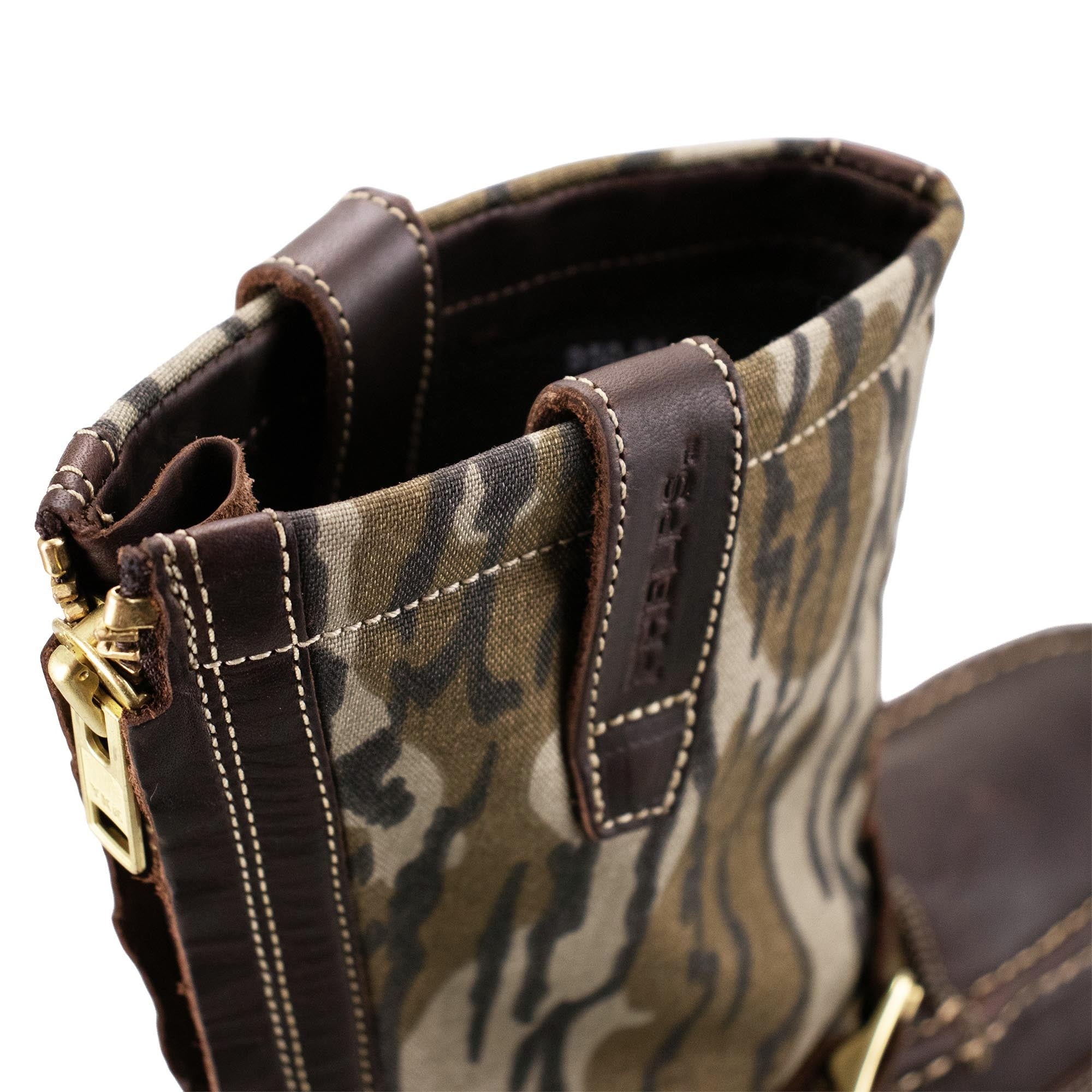 Winfield Oil Tan Leather Hunting Boot in Briar Leather and Bottomlands Camo Canvas by T.B. Phelps
