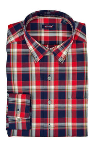 'Klein' Navy, Red, Gold, and White Plaid Long Sleeve Beyond Non-Iron® Cotton Sport Shirt by Batton