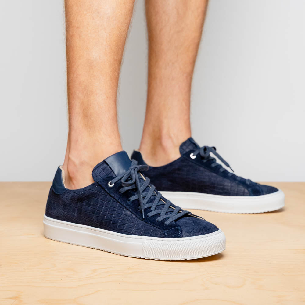 Kobe Crocodile Embossed Italian Sueded Goatskin Sneaker in Navy by Zelli Italia