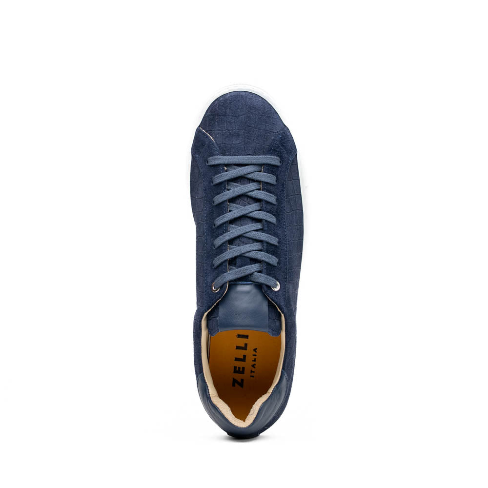 Kobe Crocodile Embossed Italian Sueded Goatskin Sneaker in Navy by Zelli Italia