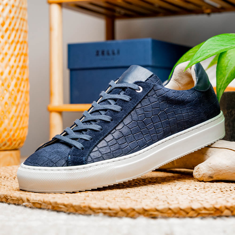 Kobe Crocodile Embossed Italian Sueded Goatskin Sneaker in Navy by Zelli Italia
