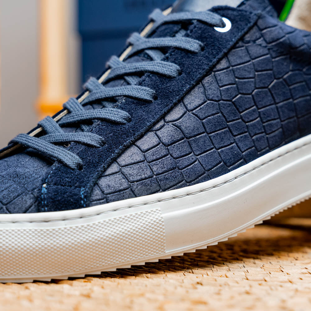 Kobe Crocodile Embossed Italian Sueded Goatskin Sneaker in Navy by Zelli Italia