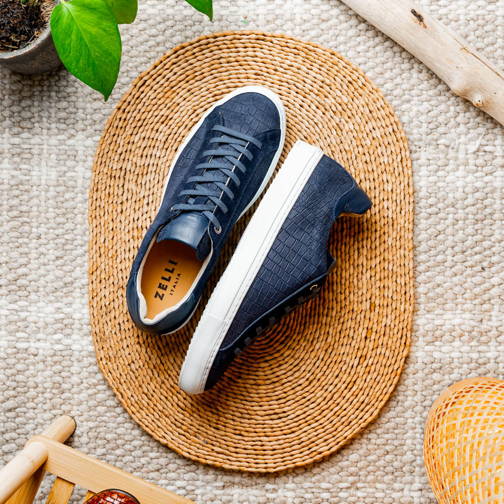 Kobe Crocodile Embossed Italian Sueded Goatskin Sneaker in Navy by Zelli Italia