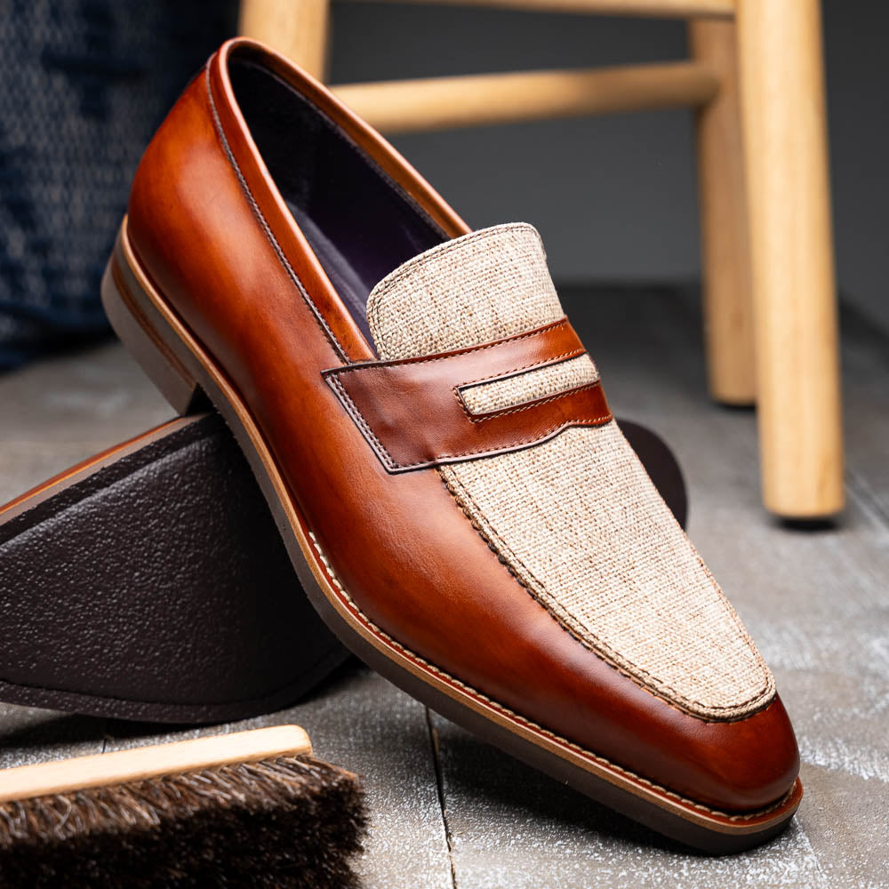 Lago Italian Calfskin and Linen Loafer in Cognac by Zelli Italia Lago Italian Calfskin and Linen Loafer in Cognac by Zelli Italia