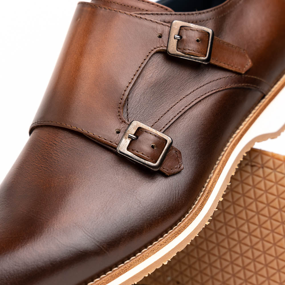 Legerra Hand Burnished Italian Calfskin Monk Strap Shoe in Brown by Ze Legerra Hand Burnished Italian Calfskin Monk Strap Shoe in Brown by Ze