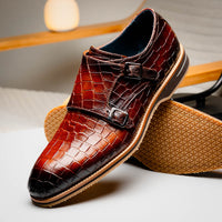 Legerra Hand Burnished Croc Embossed Italian Calfskin Monk Strap Shoe in Cognac by Zelli Italia